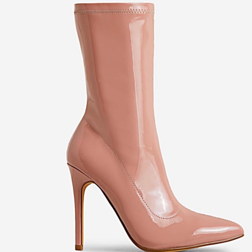 Blush Nude Patent Faux Leather Zip Up Heeled Ankle Boots
